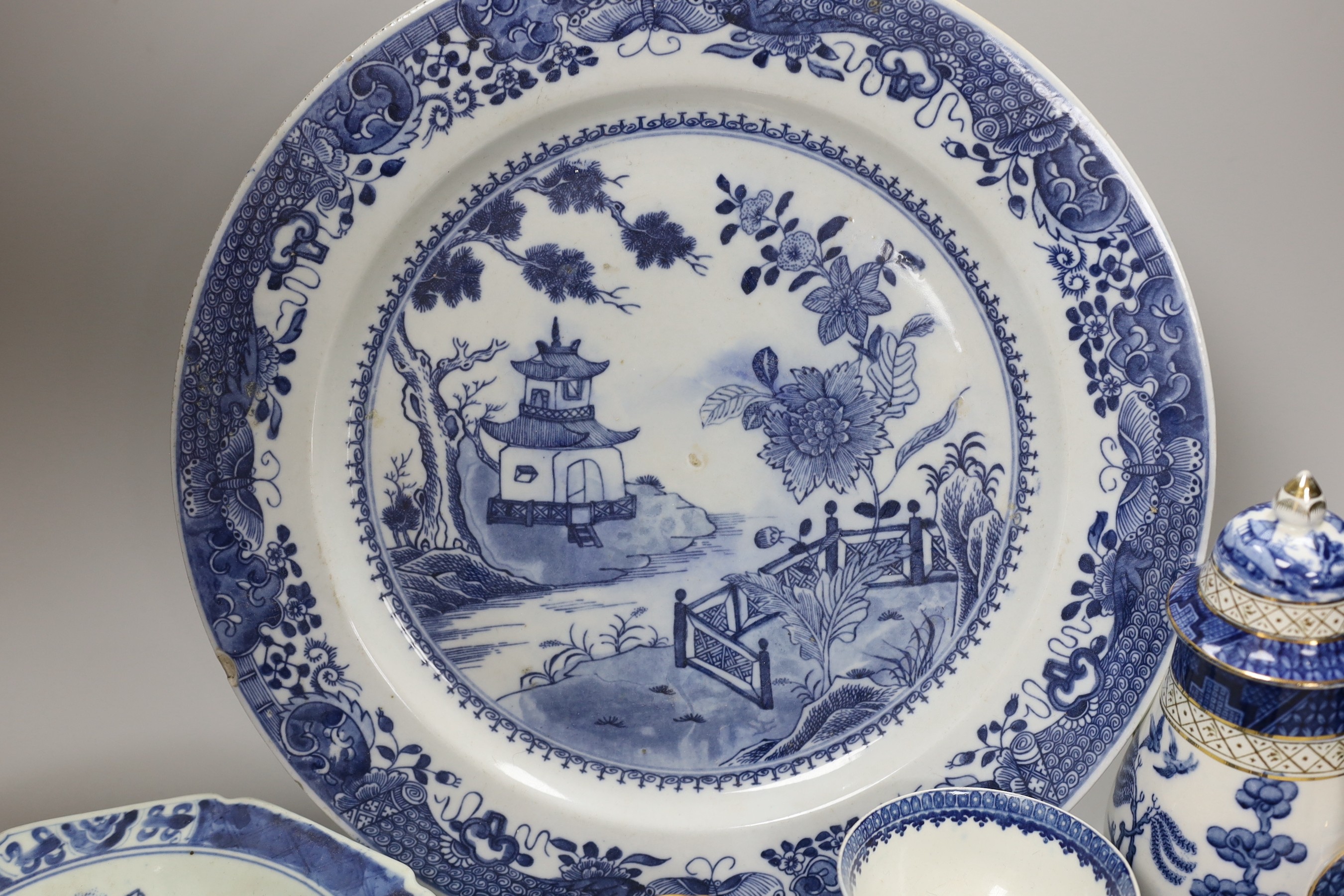 A group of English and Chinese blue and white tea and coffee wares, and a hot water dish, Chinese charger 35cms diameter